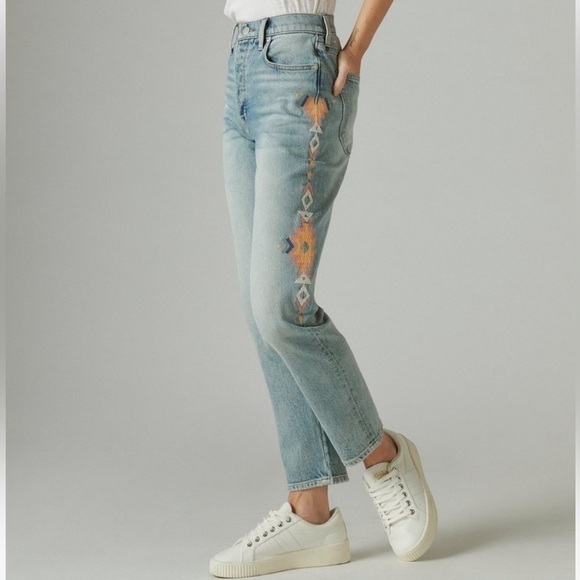 LUCKY BRAND Drew Mom Jean Embroidered Boho Aztec Size 24 A 00 - Picture 1 of 16